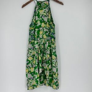 Rebecca Taylor 100% Silk Green Ikat Floral Halter Tiered Ruffle Dress Size 4